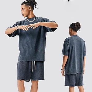 Men Gym Workout Acid Wash T Shirt Shorts <b>Set</b> Summer Casual 2 Piece Outfit Breathable Cotton Matching <b>Set</b> - Product Image 5