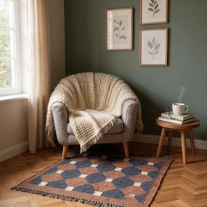 Tapis géométrique Kilim fait main, rectangulaire, en laine, à poils moyens, écologique, tufté à la main, pour salon, nettoyage localisé, Krafterscustom - Product Image 1