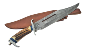 Couteau Bowie artisanal en acier Damas de qualité industrielle, manche en os de chameau, étui en cuir fin, couteau de camping en plein air - Product Image 2