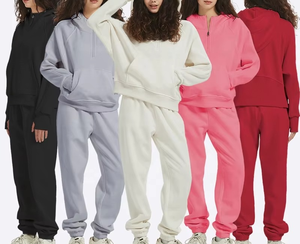 Chándal con capucha de color sólido para mujer, sudadera informal de algodón de corte holgado y largo completo con cordón y bolsillos laterales - Product Image 1