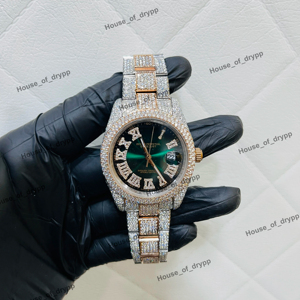 Reloj Hip Hop con Esfera Verde y Diamantes de Moissanita, con Función de Fecha, Diseño Plateado en Rodio sobre Acero Inoxidable - Product Image 1