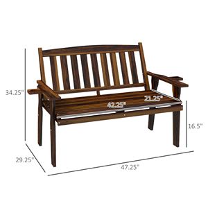 Banc de patio en bois au fini carbonisé durable avec dossier et accoudoirs à lattes pour extérieur, pelouse, parc, terrasse, centre commercial, cour - Product Image 3