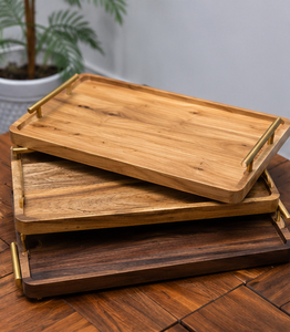 Plateau de service rectangulaire en bois d'acacia, de manguier et de noyer, poli, écologique, avec poignées dorées, pour le thé, le café et le petit-déjeuner - Product Image 2
