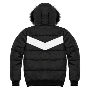 Veste matelassée épaisse à capuche pour homme, coupe-vent d'hiver, noire, avec blocs de couleur, garniture en fourrure, fermeture éclair, doublure en nylon - Product Image 2