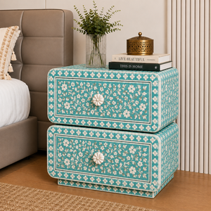 Bohemian Resin Bone Inlay Nightstand With Drawers & Shelf Floral Moroccan Cabinet <b>Bedside</b> End <b>Table</b> Luxury Interior Furniture - Product Image 2