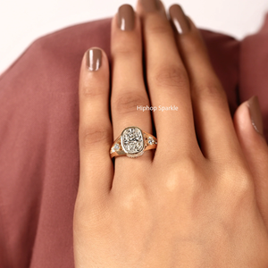 Vintage 14K Gold <b>Cushion</b> Cut Moissanite Ring Bezel Setting Milgrain Wide Band Split Shank Lab Diamond Engagement Ring For Women - Product Image 5