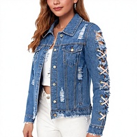 Veste en jean pour femme de haute qualité, écologique, style automne, coupe décontractée, gothique, avec boutons utilitaires, jacquard, sequins et finition délavée