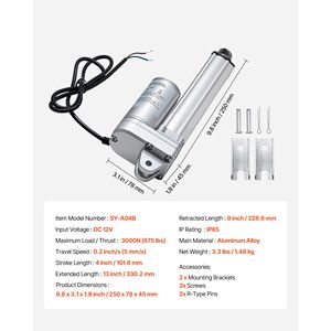 IP65 Waterproof 12V <b>Linear</b> <b>Actuator</b> 4 Inch Motion <b>Actuators</b> 675lbs/3000N 0.2"/s Speed Mounting Brackets Included Cylinders - Product Image 5