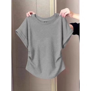 Camiseta informal exclusiva con cuello redondo y manga corta para mujer, con estampado adelgazante, corte holgado, para verano - Product Image 5