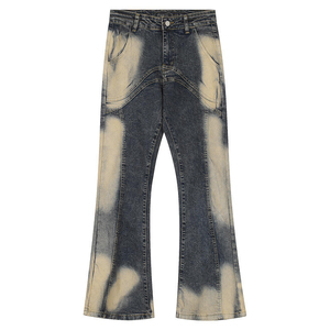 High Waist Flare Denim Pants <b>Bleach</b> Stone Wash Tie Dye Pattern Button Fly Casual Style Full Length 100% Cotton Woven Fabric - Product Image 1