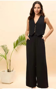 ชุดเซ็ตผู้หญิงสีน้ำเงินลายพิมพ์ เสื้อครอปแขนกุด กางเกงขายาวทรงกว้าง ชุดลำลองฤดูร้อน แฟชั่นชุดสองชิ้น - Product Image 5