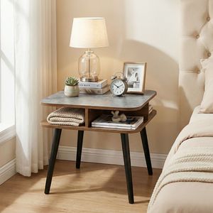 Faux Marble <b>Side</b> <b>Table</b> with <b>Storage</b> Shelves and Rubber Wood Legs Practical Coffee <b>Table</b> with Stylish Design - Product Image 3