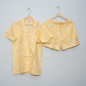 Ensemble de pyjama court pour femme en coton pur 100% respirant et doux, imprimé fleuri, col en V, fermeture à cordon, été - Product Image 4