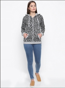 Sweat-shirt décontracté à capuche pour femme, imprimé léopard, manches longues, tricoté, avec poches, style automne, en mélange de coton - Product Image 1