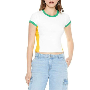 Hot Selling Custom Made Women's Black Short Sleeve Logo <b>Crop</b> Top with Raw Hem 100% Cotton Summer Breathable - Product Image 2