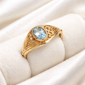 Anillo de latón electrochapado con topacio azul ovalado de 5*7mm, tamaño fijo, halo minimalista, diseño de paz, joyería hecha a mano con engaste de bisel. - Product Image 6