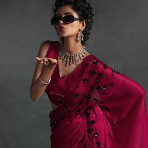 Sari de Fiesta Reversible de Seda Satinada Estilo Bollywood con Adornos, Sin Arrugas - Product Image 1