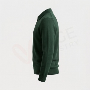 Polo en tricot à manches longues vert foncé pour homme avec fermeture éclair, design uni décontracté, coupe classique - Product Image 3