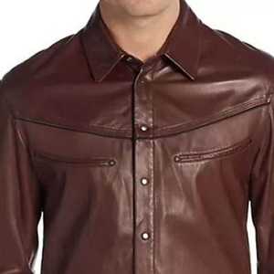 Men's Solid Brown PU Leather Long Sleeve Casual <b>Shirt</b> Turn-down Collar Full Length Autumn Wear - Product Image 4