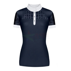เสื้อเชิ้ตขี่ม้าสีน้ำเงินกรมท่าสำหรับผู้หญิง แขนสั้น ลายเรียบ ติดกระดุม แห้งเร็ว ผลิตจากโพลีเอสเตอร์ - Product Image 1
