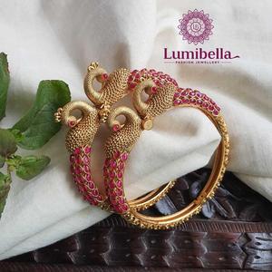 Ruby Peacock Bridal <b>Bangles</b> 2x6-Ethnic <b>Copper</b> & Brass Bracelets with Pearl Emerald Diamond Accents - Product Image 3