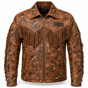 Printed Coyote Desert Pattern <b>Leather</b> Fringe <b>Jacket</b> <b>Mens</b> Custom <b>Brown</b> Cowhide Vintage Western Biker Coat OEM ODM Manufacturer - Product Image 1