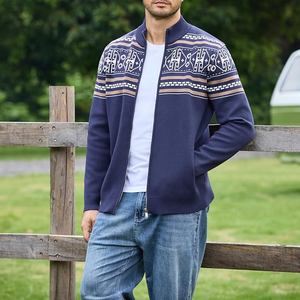 Cárdigan de punto con cremallera para hombre, suéter de invierno de manga larga con estampado geométrico, azul marino - Product Image 5