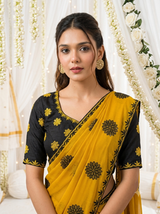 Sari Amarillo con Estampado Digital y Motivos Florales Negros para Mujer, Ropa de Boda, Sari Étnico Tradicional Indio, Material de Poliéster - Product Image 5