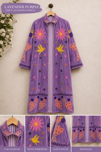Impresionante Abrigo Largo de Terciopelo Rojo Premium para Mujer, Chaqueta Bordada con Diseño Floral y de Aves, Estilo Boho Chic, Abrigo de Lujo para Dama - Product Image 4