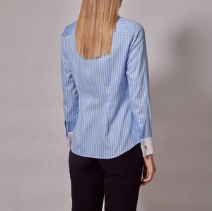 เสื้อเชิ้ตผู้หญิงแฟชั่นเรียบง่าย สีน้ำเงินขาว ลายเรขาคณิต กันยับ ระบายอากาศได้ดี เป็นมิตรกับสิ่งแวดล้อม ติดกระดุม คอปกและปลายแขนเสื้อตัดกัน ทรงเข้ารูป - Product Image 1