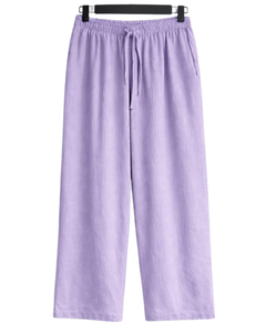 Conjunto de dos piezas de lino color lavanda para mujer, camisa de manga larga con botones y pantalones anchos de cintura elástica, atuendo informal. - Product Image 5