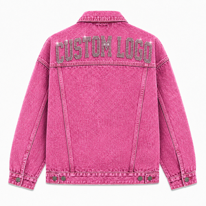 Custom Pink Denim <b>Jacket</b> with <b>Rhinestone</b> Logo Personalized Fashion Denim <b>Jacket</b> Manufacturer - Product Image 2