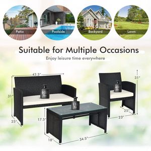 Set di 4 Mobili da Giardino in Rattan con Cuscini Resistenti alle Intemperie e Piano in Vetro Temperato, Arredamento da Esterno Durevole - Product Image 4