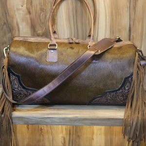 Sac de voyage en cuir de vachette véritable Western avec franges et pompons, sac de week-end - Product Image 1