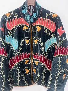 <b>Women</b>’s Traditional Suzani Embroidered <b>Velvet</b> <b>Jacket</b> Multicolor Floral Pattern With Stand Collar Long Sleeves Boho Winter Coat - Product Image 4