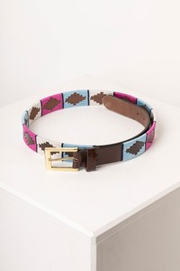 Luxury Handmade Brown Leather Argentine Polo <b>Belt</b> With Forest Green Navy White And <b>Red</b> Pampa Diamonds - Product Image 5