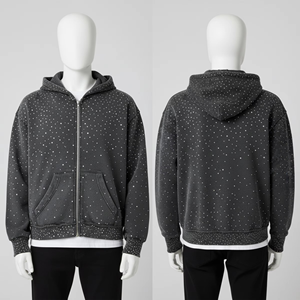 Sudadera con capucha para hombre con cremallera y pedrería, tela premium personalizada, gris brillante, con cremallera completa, capucha con cordón y bolsillo canguro, estilo casual urbano - Product Image 4