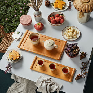 Wooden Rectangle Serving Trays Set of 2 <b>With</b> Handle Minimalist Design for <b>Table</b> Drink Food <b>Storage</b> - Product Image 1