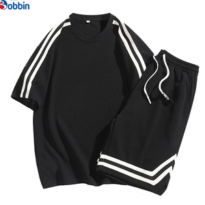 Custom Men Short Set New Fashion Summer Set With <b>Strips</b> shorts set Trendy Men's Short Sleeve Crew Neck Loose Student shorts set - Product Image 1