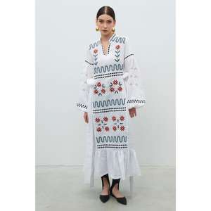 Wholesale <b>Women</b> <b>White</b> Embroidered Floor-Length Maxi Dress Ethnic Long Kurti Plaid/Solid Pattern Natural Washable Ruffle Hem - Product Image 1