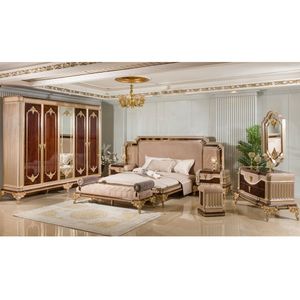 Juego de Dormitorio de Lujo Tradicional de Madera de Teca Sólida, Ideal para Apartamentos, Cama King Size, 2 Mesitas de Noche, Armario Grande - Product Image 1
