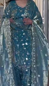 ชุดปาลาซโซ่ปักลายสีเขียวอมฟ้าสำหรับผู้หญิงอินเดียและปากีสถาน ทรงหลวม ยืดหยุ่นได้ สไตล์พื้นเมืองแบบดั้งเดิม เหมาะสำหรับงานแต่งงาน - Product Image 3