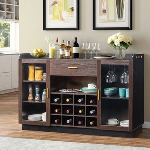 Credenza Portabottiglie FCH per 12 Bottiglie con Doppia Porta in Vetro, Cassetto Singolo, Telaio Nero e Pannelli Interni in Particelle Grigio-Marrone - Product Image 2