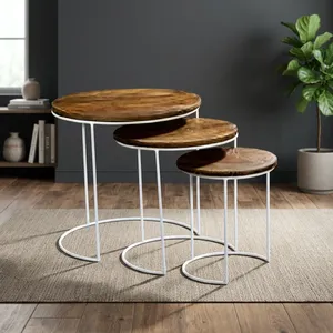 Modern Round <b>Wooden</b> Top Nesting <b>Side</b> <b>Tables</b> Set of 3 <b>White</b> Metal Frame Living Room Furniture - Product Image 1