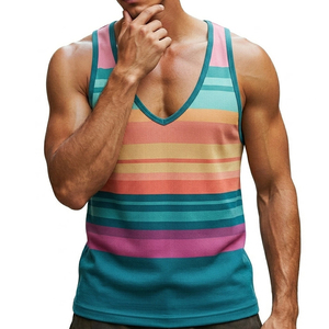 Débardeur Homme Col V Profond Rayé Sans Manches Couleurs Personnalisées Logo Vente en Gros Coupe Slim Respirant Décontracté Été Plage - Product Image 1