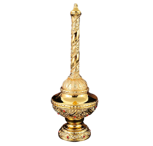 Aspersorio dorado ornamentado con pequeños detalles de gemas rojas en el borde y el pedestal para iglesia, templo, rituales, al por mayor - Product Image 1