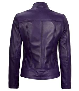 <b>Purple</b> Genuine Leather Jacket for Women Stand Collar Zip Up Biker Coat Windproof Winter Outerwear - Product Image 2