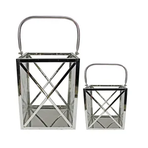 Wholesale Set of 2 Silver Metal <b>Lantern</b> <b>Candle</b> <b>Holders</b> with Glass Panels and Handle for Wedding Home Decor - Product Image 1