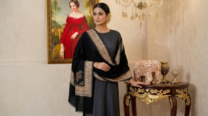 Women's Long Wool Shawl with Gold Embroidery Geometric Pattern Lightweight Durable Black and Beige Edge for Winter Daily Wear - Product Image 6