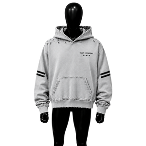 <b>Mens</b> Oversized Distressed <b>Pullover</b> Hoodie Light Grey Built Different Embroidered Fleece Streetwear Casual Winter Fashion Top - Product Image 1